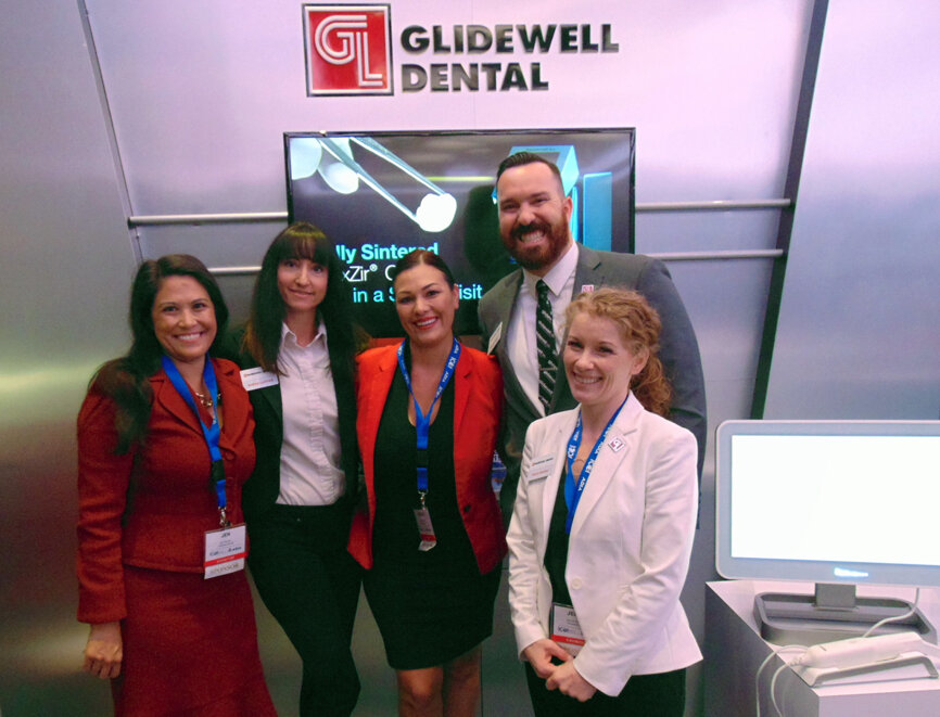 The team at Glidewell Dental, from left: Jen Brown, Andrea Lanfried, Monica Silva, Richard Shaw and Jenny Gardner. (Photo: Fred Michmershuizen/DTA)