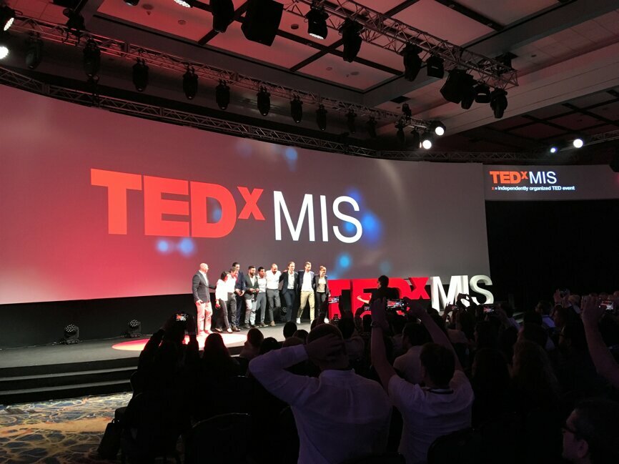 TEDxMIS speakers gather for a final photograph to close the session.